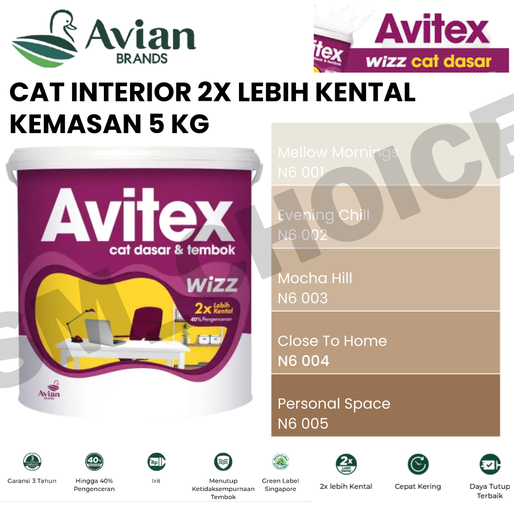 AVIAN AVITEX WIZZ 5KG CAT TEMBOK 5KG BEIGE / COKLAT / NATURAL 5KG CAT TEMBOK INTERIOR 2X LEBIH KENTA