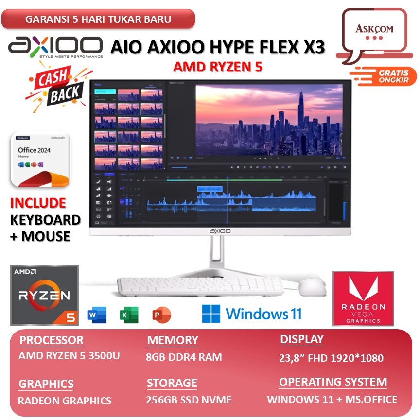 AIO PC AXIOO HYPE FLEX X3 Ryzen 5 3500U 8GB 256GB 23.8inch FHD Windows11 White