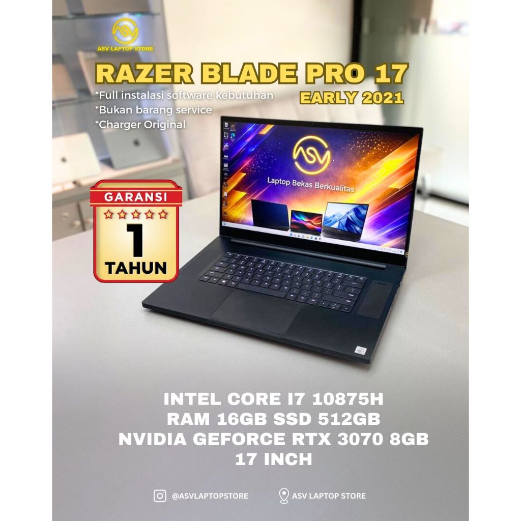 RAZER BLADE PRO 17 CORE I7 10875H RAM 16GB SSD 512GB NVIDIA GEFORCE RTX 3070 8GB 17 INCH LAPTOP GAMI