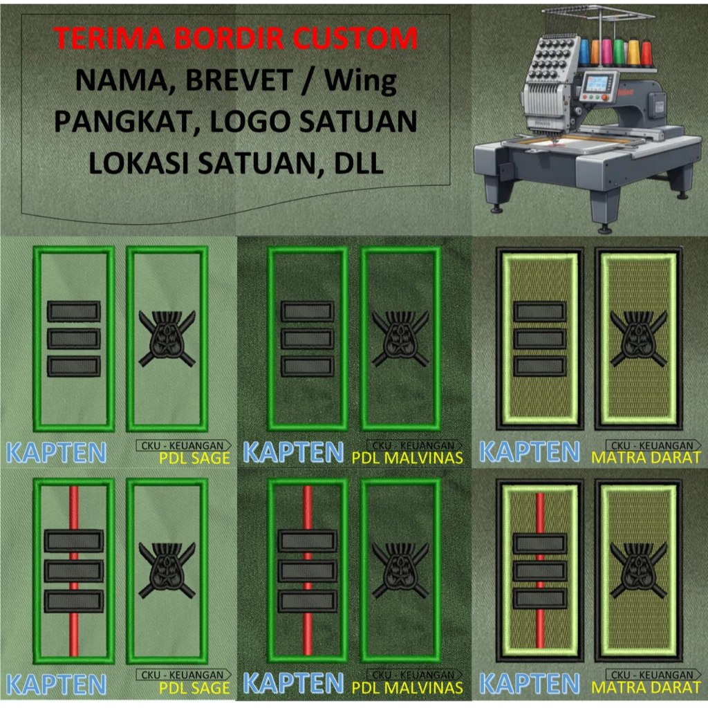 PATCH BORDIR brevet TNI TANDA PANGKAT PERWIRA PDH PDL TNI AD MALVINAS SAGE MATRA DARAT KOSTRAD EMBRO