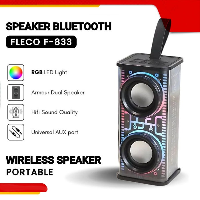 Speaker Portable Wireless LED RGB Fleco F-833 Super Bass BT FM AUX Bluetooth