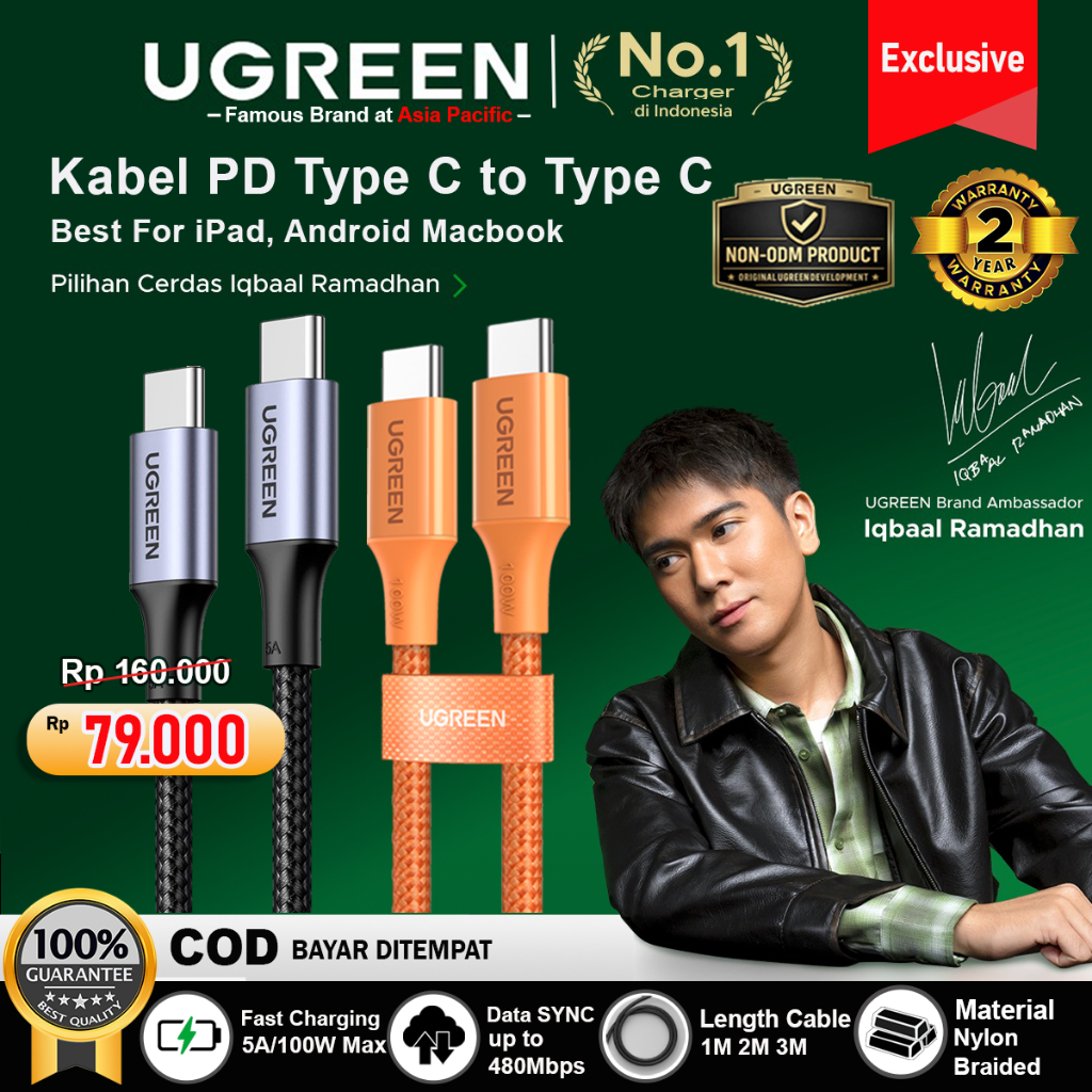UGREEN Kabel Data PD Type C To Type C Fast Charging 5A Max 100W