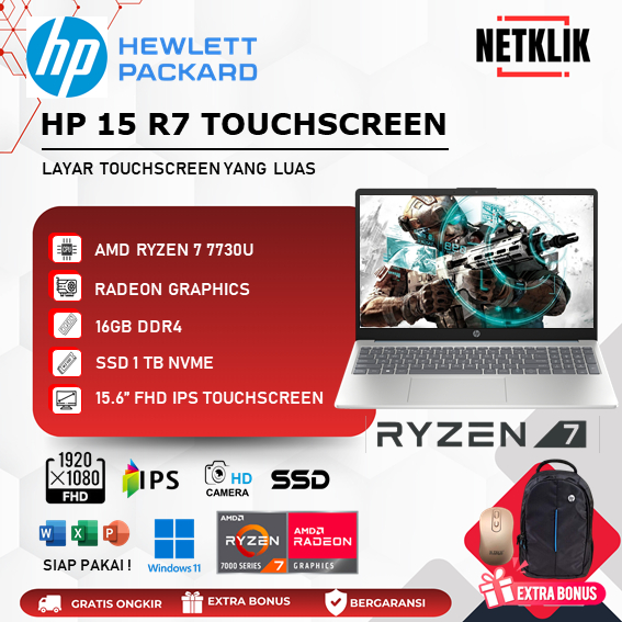 Laptop HP AMD Ryzen 7 7730U - RAM 16GB/1TB SSD 15.6 FHD IPS Touchscreen SILVER