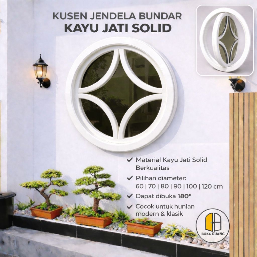 Jendela Bulat Jati Buka 180° Diameter 60cm sampai 120cm / kusen jendela kayu model baru / kusen jend