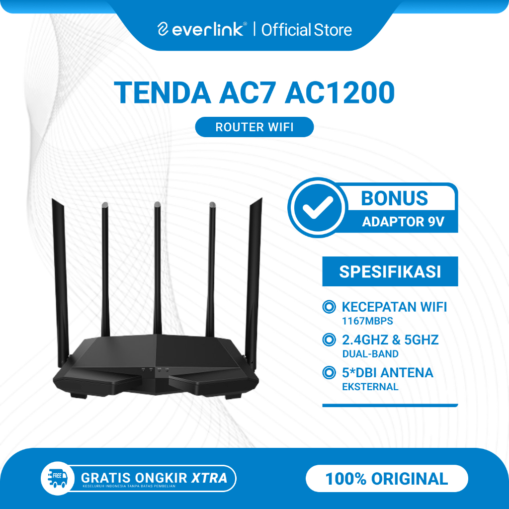 Tenda AC7 AC1200 Wireless Router WiFi Dual-Band 2.4GHz & 5GHz 5 Antena Bekas Original Bonus Adaptor
