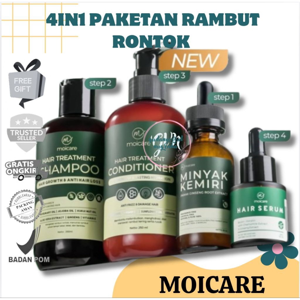 ~GVN~ Moicare Paket Lengkap 4 pcs Perawatan Rambut | Shampoo 250ml +  Conditioner 250ml + Hair Serum