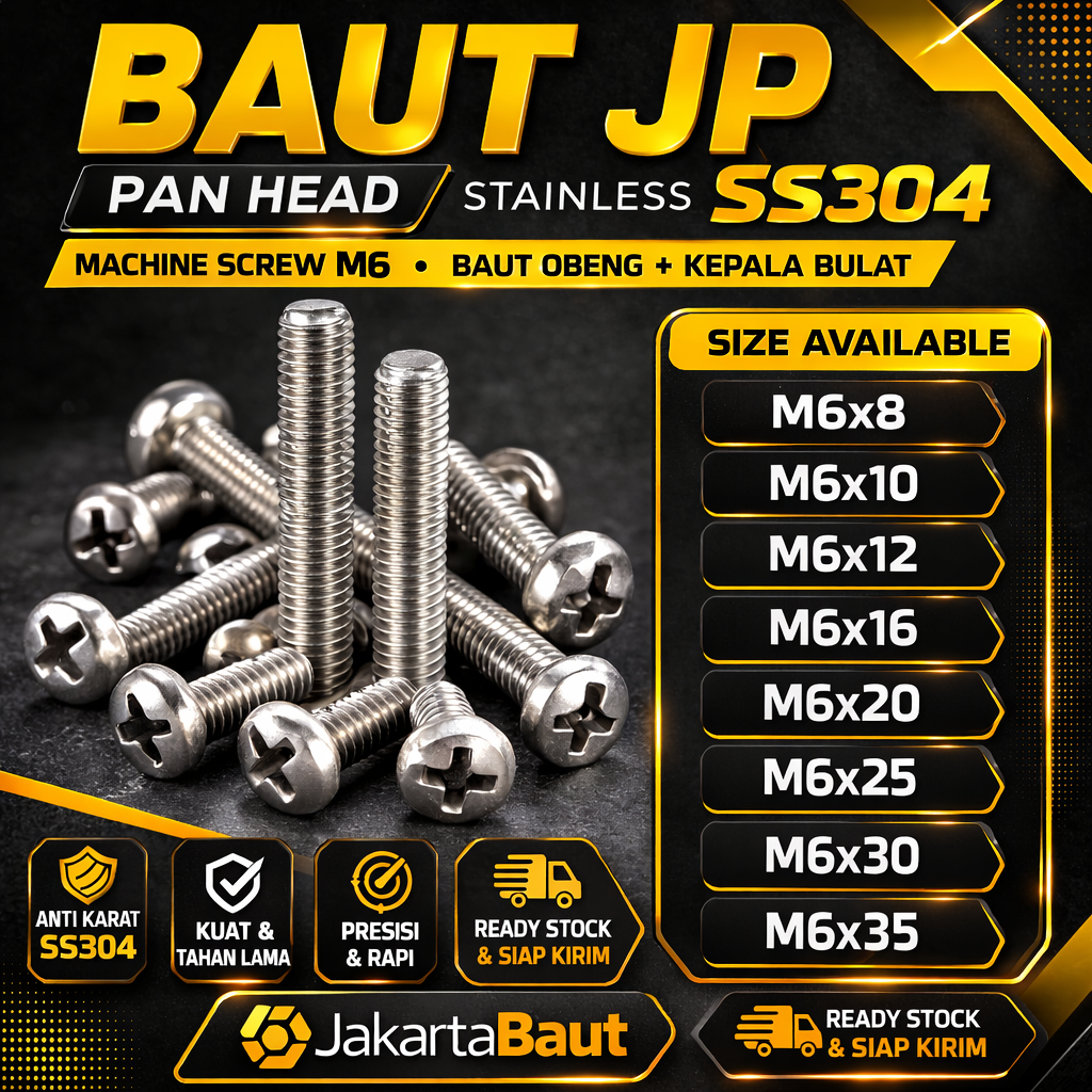 Baut JP M6X12 Machine Screw M6 X 12 Pan Head 6X12 Baut Obeng + Kepala Bulat Stainless SS304