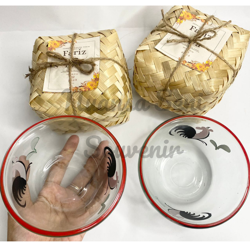 Souvenir Mangkok Kaca BIB5B Ayam Jago Mangkuk Saji Motif Ayam Mangkok Riceball Kaca Bening Polos