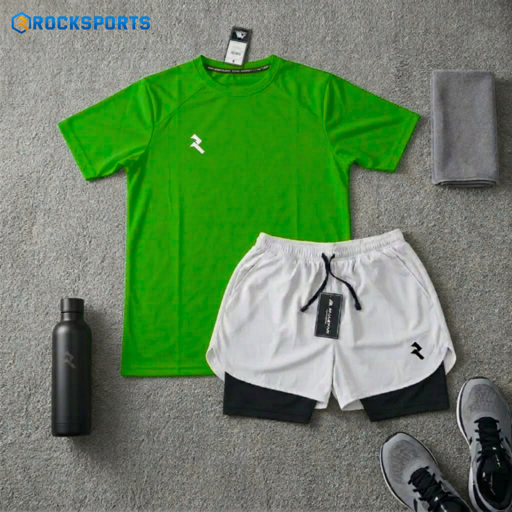 STELAN JERSEY DAN CELANA DOUBLE SHORTS ROCKSPORTS RUNNING GYM FITNES WARNA HIJAU,ARMY,STABILO,TOSCA,