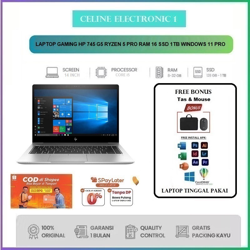 TINGGAL PAKAI LAPTOP GAMING HP 745 G5 RYZEN 5 PRO RAM 16 SSD 512 WINDOWS 11 PRO