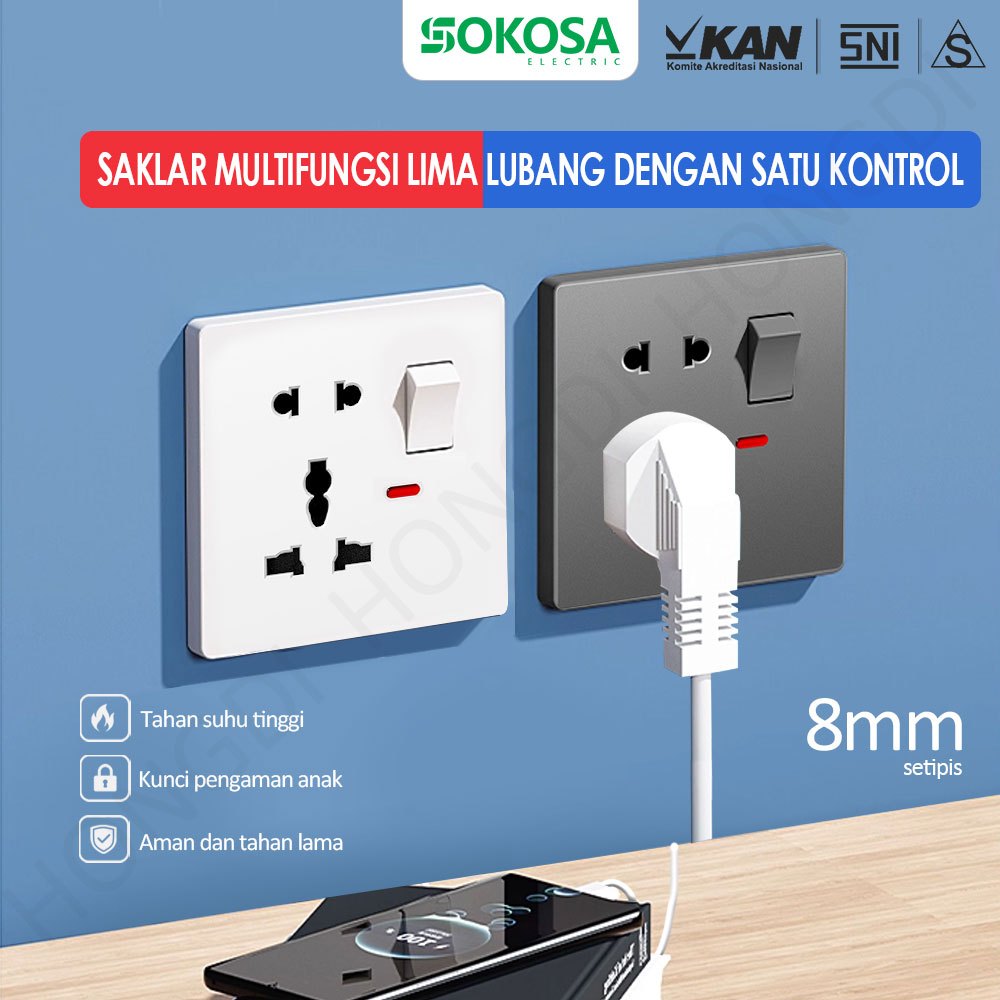 SOKOSA  Stopkontak Tanam Stop Kontak 5 Lubang Universal + Neon Stop Kontak Dinding Tempel Socket Lis