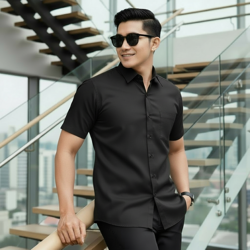 Tangiowild Hem Pria Polos Biru Lengan Pendek Tekstur 3D | Poshboy Leisure Shirt