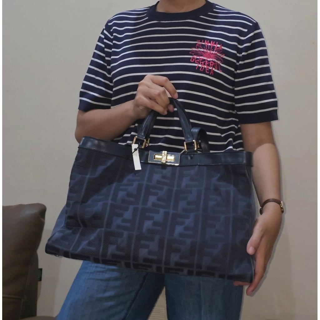 Tas Fendi Biru Zucca Canvas Kulit Preloved/Second