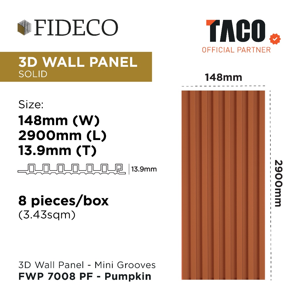 TACO FIDECO WPC 3D Wall Panel Mini Grooves Motif Solid Per 1 Lembar - FWP 7008 PF - Pumpkin