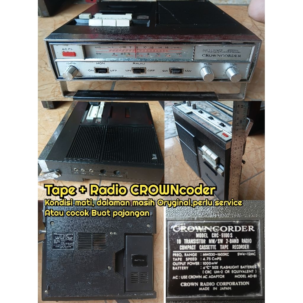 Tape Radio Jadul CROWNCORDER,kondisi mati perlu service,,cocok buat pajangan