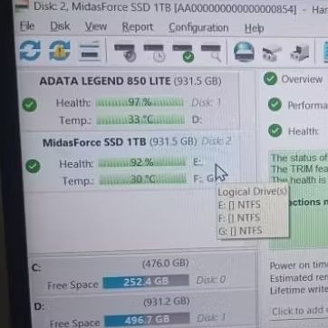 SSD 1 TB MidasForce , Health 90-92% Bekas Garansi