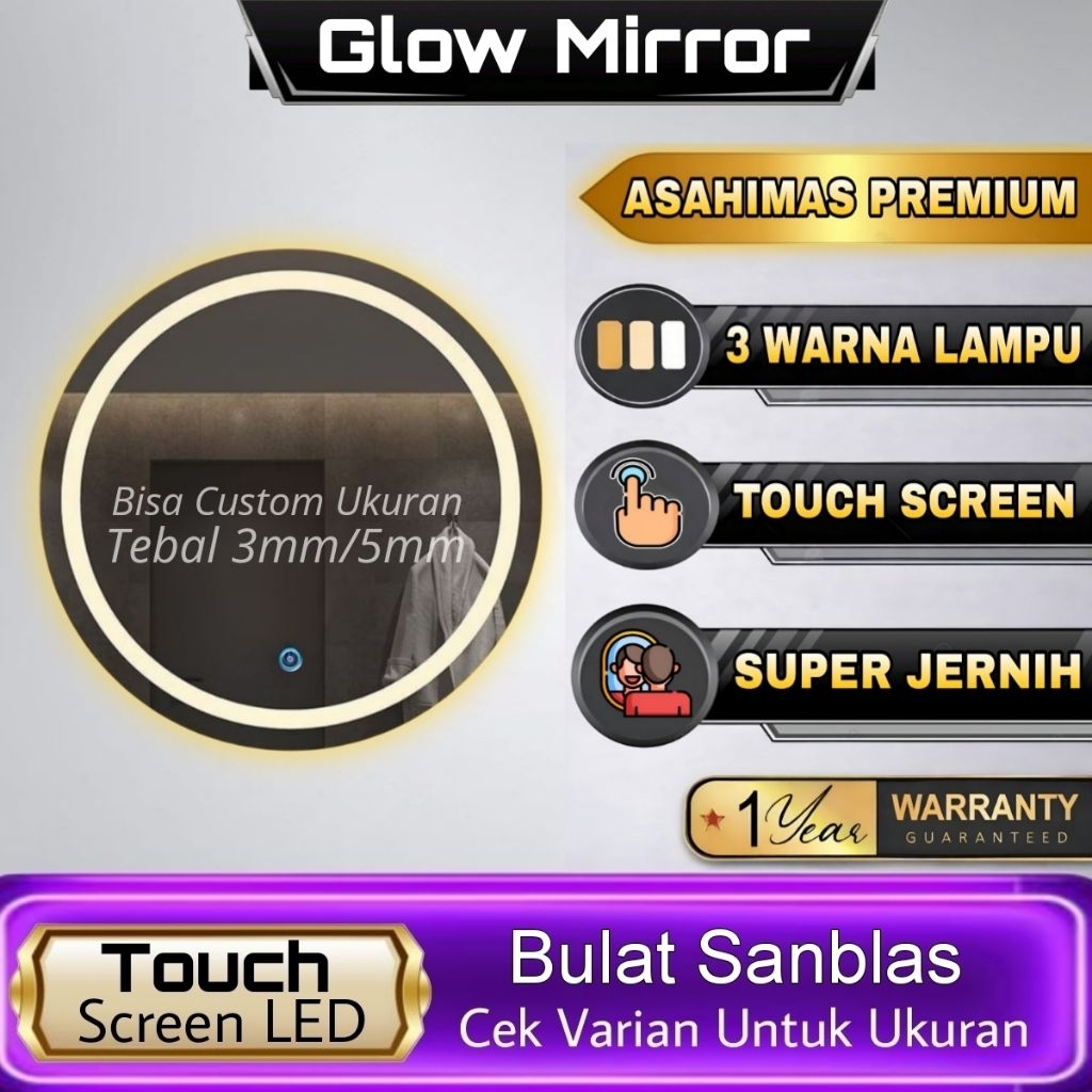 Cermin LED Bulat 3 Warna Lampu | Cermin Kaca Hias Rias Makeup Cermin LED Touch Screen Super Jernih A