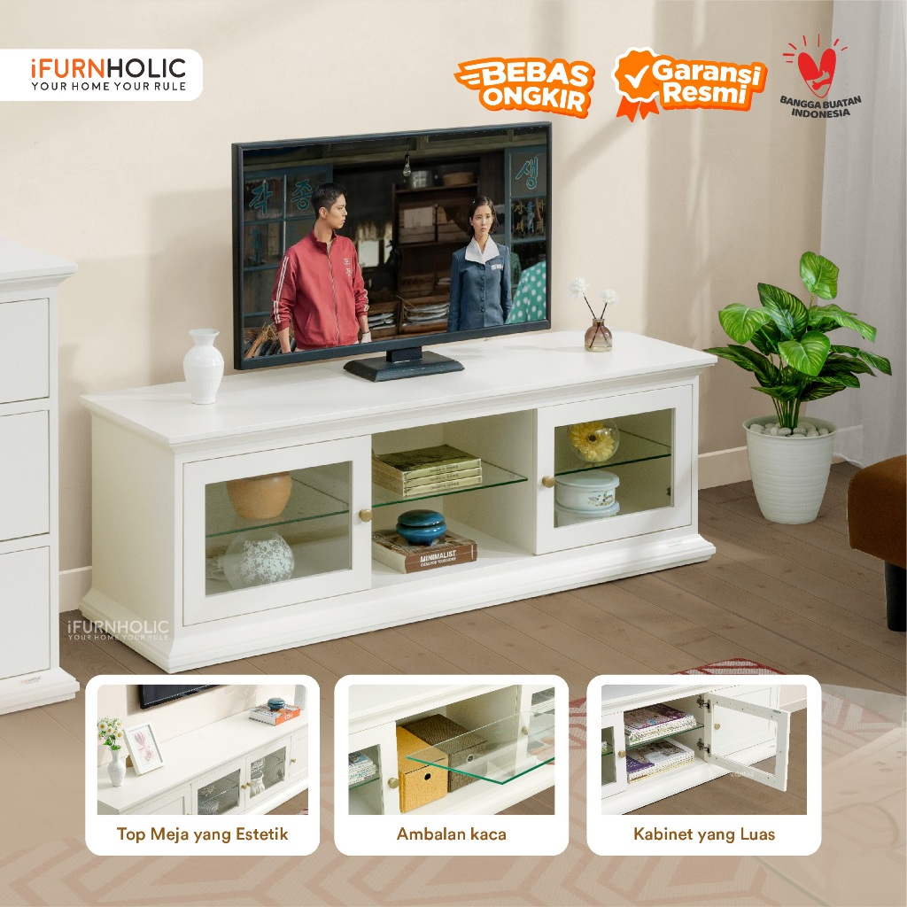 IFURNHOLIC Kamila TV Cabinet | Meja Tv Klasik Modern Pintu Kaca | Buffet TV Minimalis Kayu | Lemari 