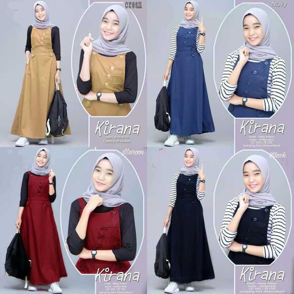 Gamis set overall kirana / fashion wanita muslimah / overall kancing kekinian / gamis moscrepe terla