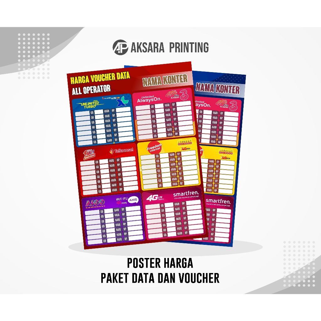 (All Operator) Poster Konter Daftar Harga Kuota dan Paket Data
