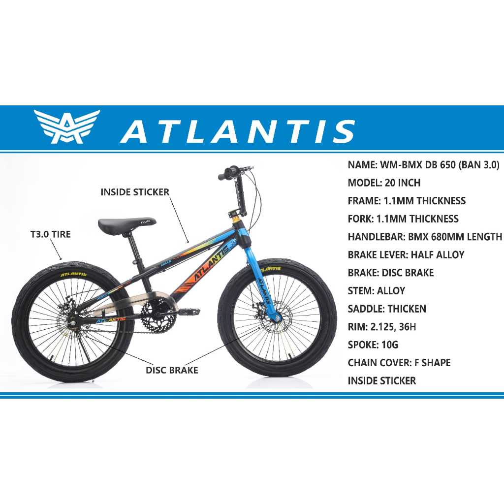 ATLANTIS Sepeda Bmx 20 inch Ban 2.40 dan ban 3.0 V Brake dan Disc Brake untuk anak 9 tahun sampai re