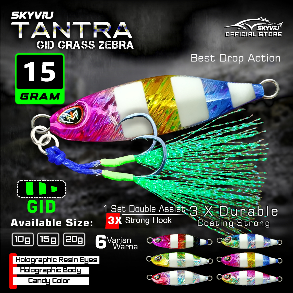 Umpan Micro Jig 15 Gram SKYVIU TANTRA Hologram Suket GID Zebra  1 Set Double Assist Hook Mikro Jig 1