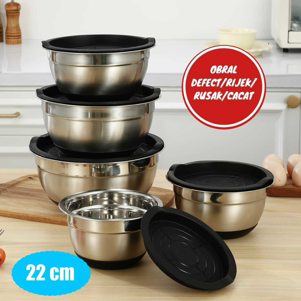 [OBRAL RIJEK] Mangkuk Salad Mixing Bowl Anti Slip Stainless 201 with Lid - MJ-201
