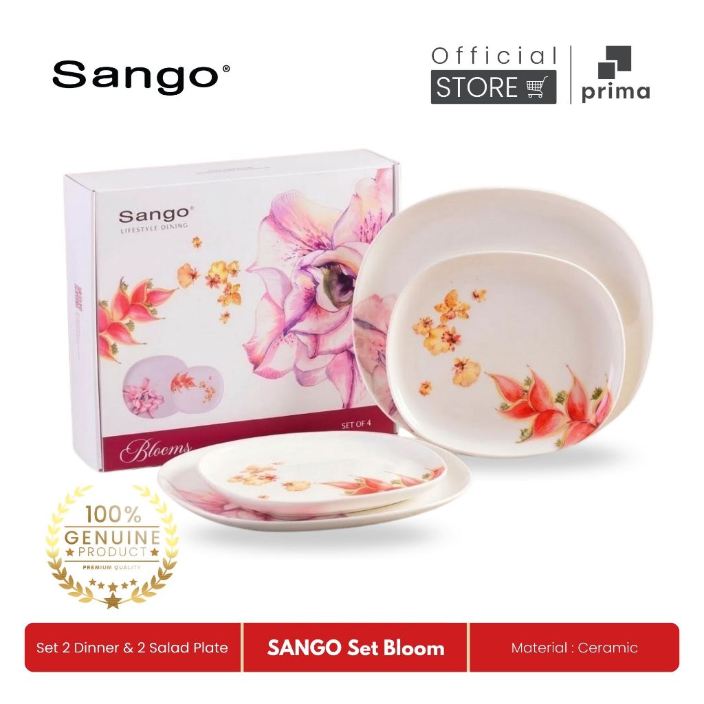 Set Bloom Sango Piring Makan & Salad 4 pcs | Piring Keramik Premium Motif Bunga Elegan - SANGO