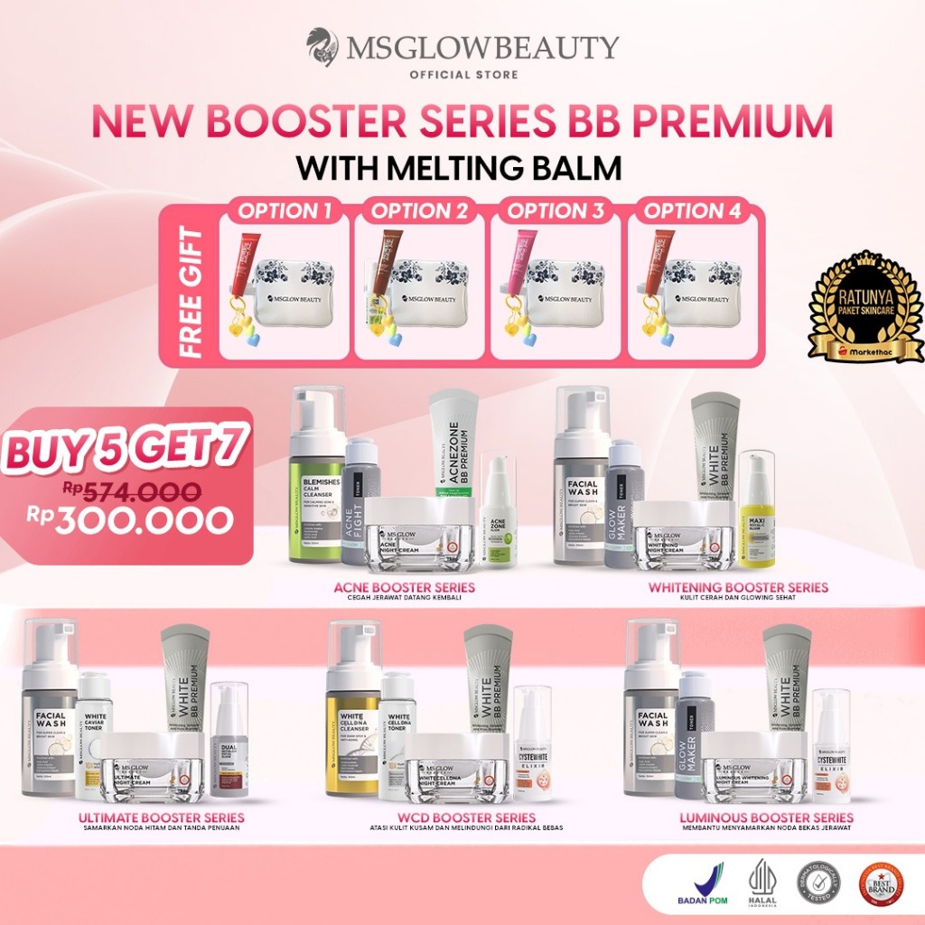 MS GLOW - [BUY 4 GET 7] PAKET WAJAH BOOSTER BB PREMIUM FREE SERUM ELIXIR + LIP BALM - MECERAHKAN WAJ
