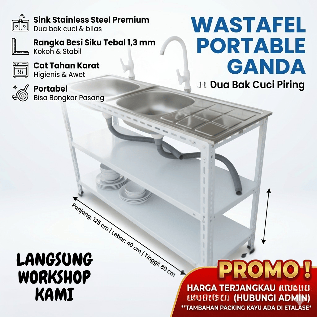 Wastafel Portable Ganda 125cm - Sink Cuci Piring 2 Lubang Cuci & Bilas - Siku Tebal Rak 2 Susun