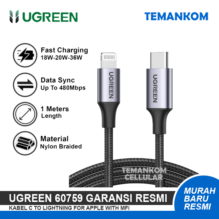 Kabel UGREEN C to Lightning 60759 Cable U MFI GREEN USB c to Lightning Fast Charging 1M 1 METER Gara