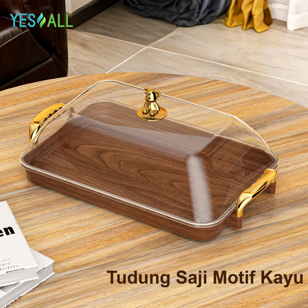 YESALL Nampan Aesthetic Mewah Kayu | Nampan Plastik Bentuk Persegi dengan Pegangan Emas