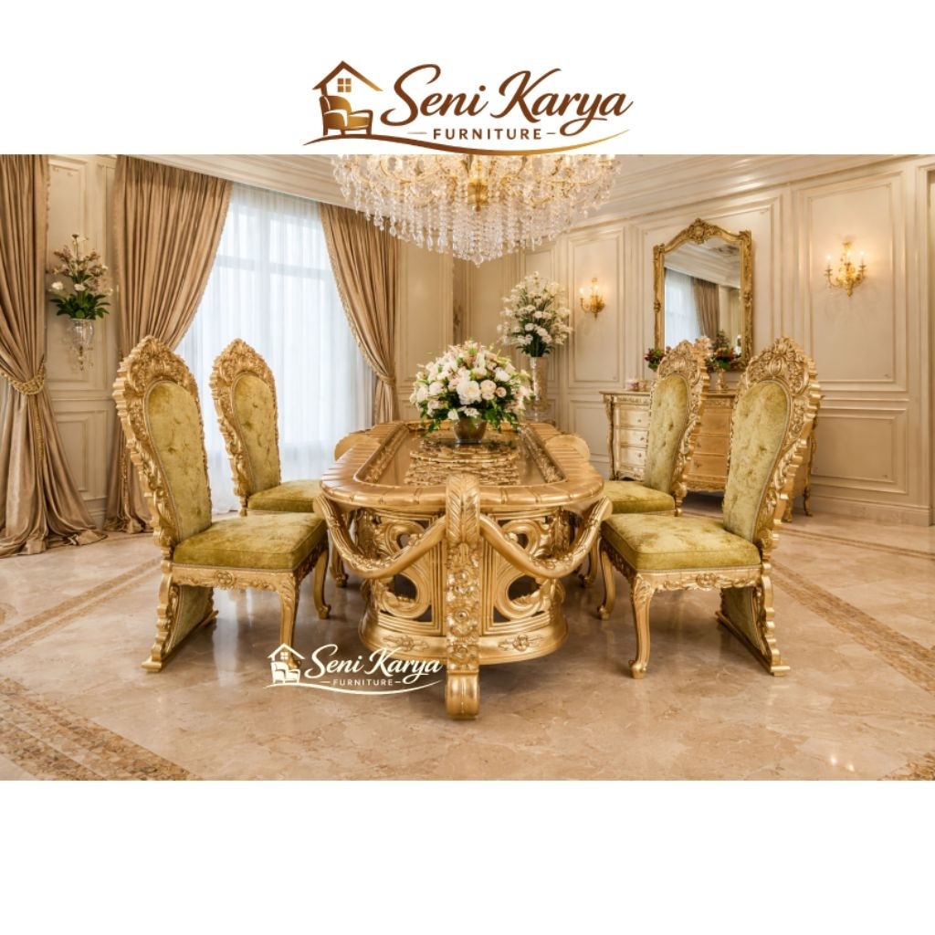 Set Meja Makan Luxury Ukir, Meja Makan Mewah Kayu Jati Jepara