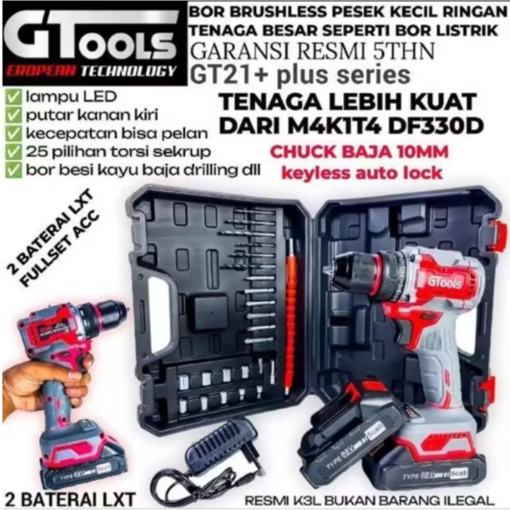 GTOOLS GT21+ bor cordless brusless Gtools 10mm kayles 2 batrai 88v lxt garansi 5 tahun