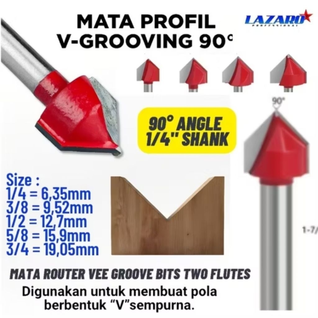 Mata Router Profil Trimer V Groving Lazaro 1/4 × 3/4 Angle 90 Derajat