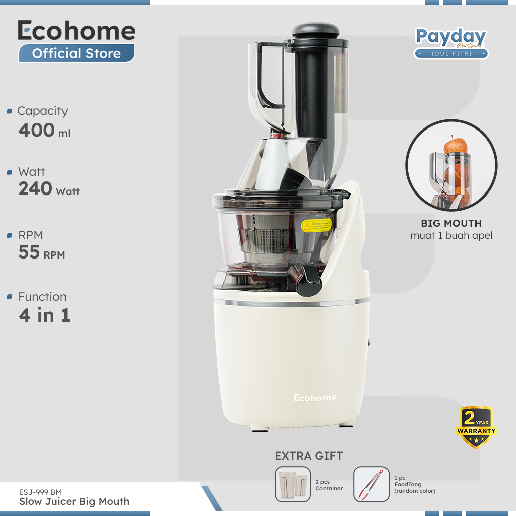 ECOHOME Slow Juicer Big Mouth ESJ999BM 55 RPM Pengekstrak Buah Low Watt Easy Clean Multifungsi