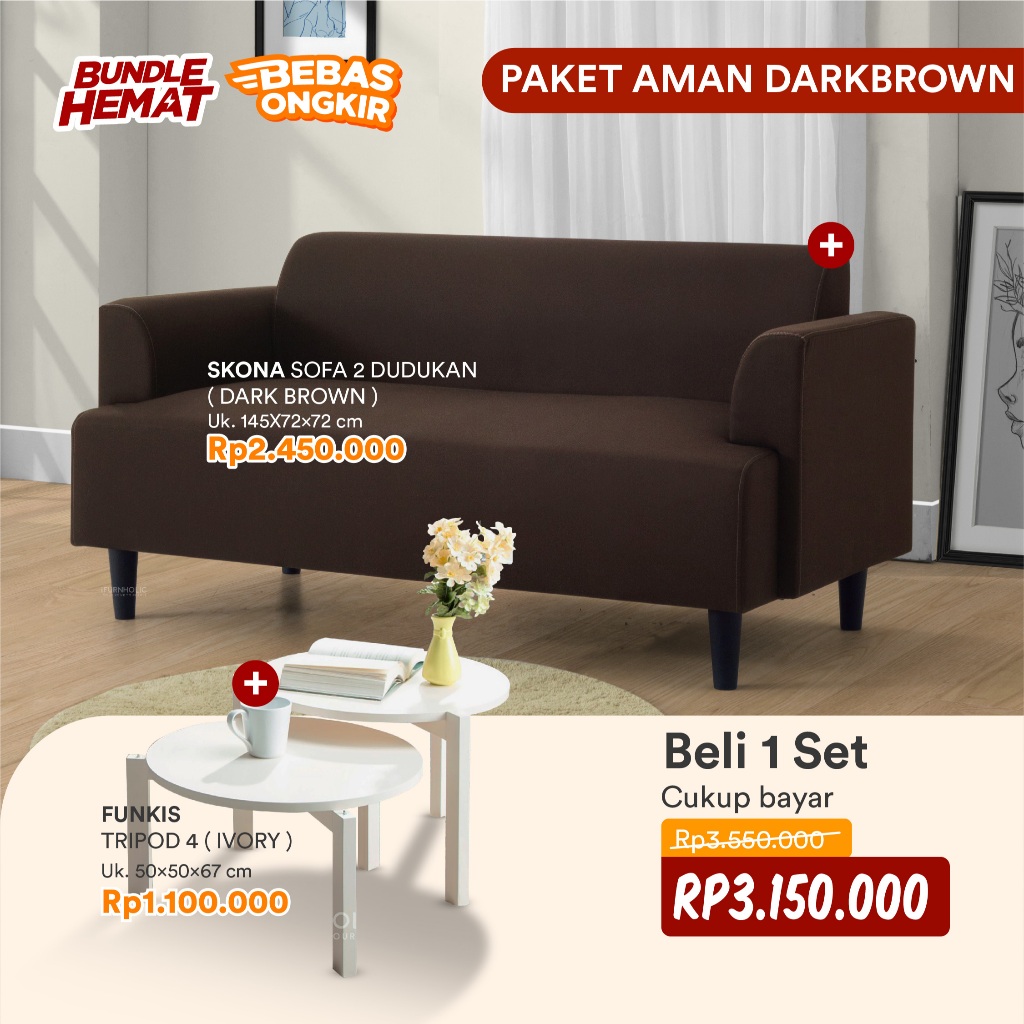 iFURNHOLIC - SET SOFA & MEJA  - SKONA SOFA 2 DUDUKAN - FUNKIS TRIPOD 4 - MEJA TAMU - SOFA MINIMALIS