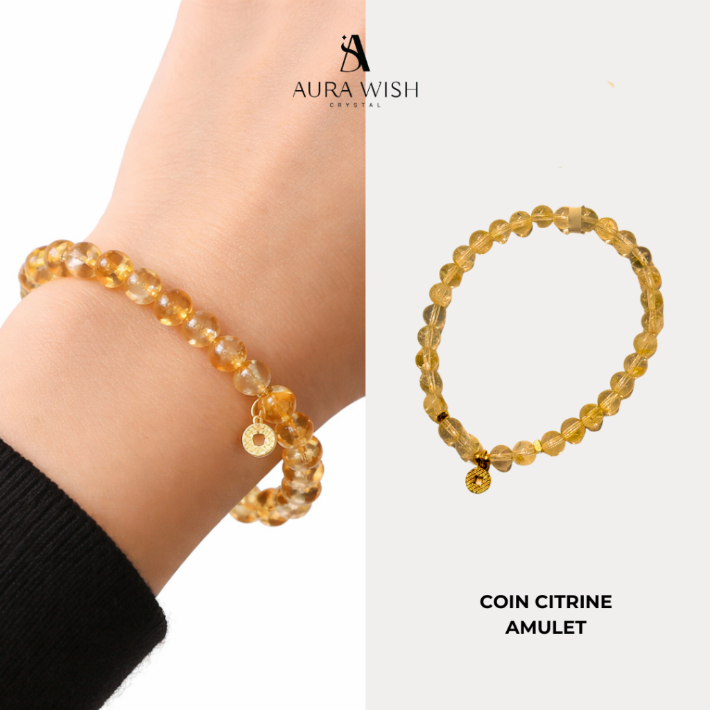 Gelang Citrine Coin Amulet  Natural Crystal Original  Feng Shui Rezeki, Abundance & Positive Energy 