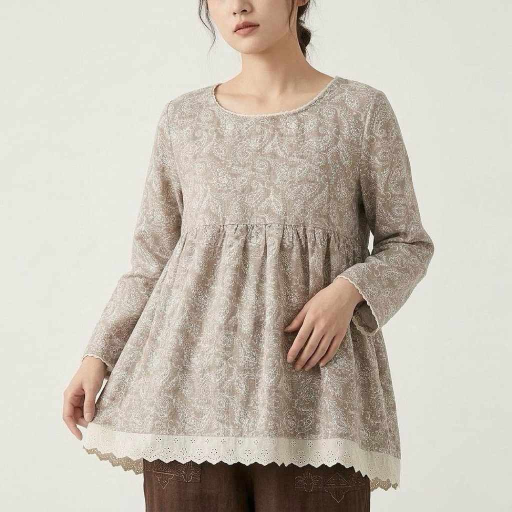 BLUS LINEN PREMIUM KREM BUNGA PUTIH PAISLEY BABYDOLL KOREA IMPORT