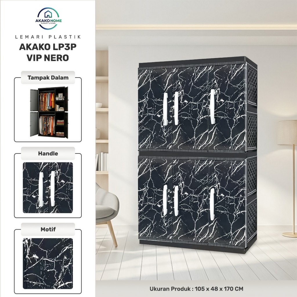 AKAKO - LEMARI PAKAIAN LEMARI PLASTIK 3 PINTU LEMARI JUMBO MOTIF VIP  - Kode : LP3P-VIP