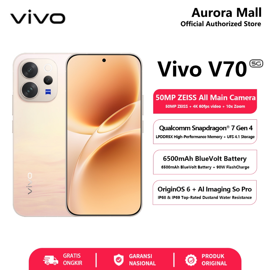 Hp Vivo V70 5G 12/256GB RAM 12GB+12GB Extended ROM 256GB Garansi Resmi Android Handphone Terbaru COD