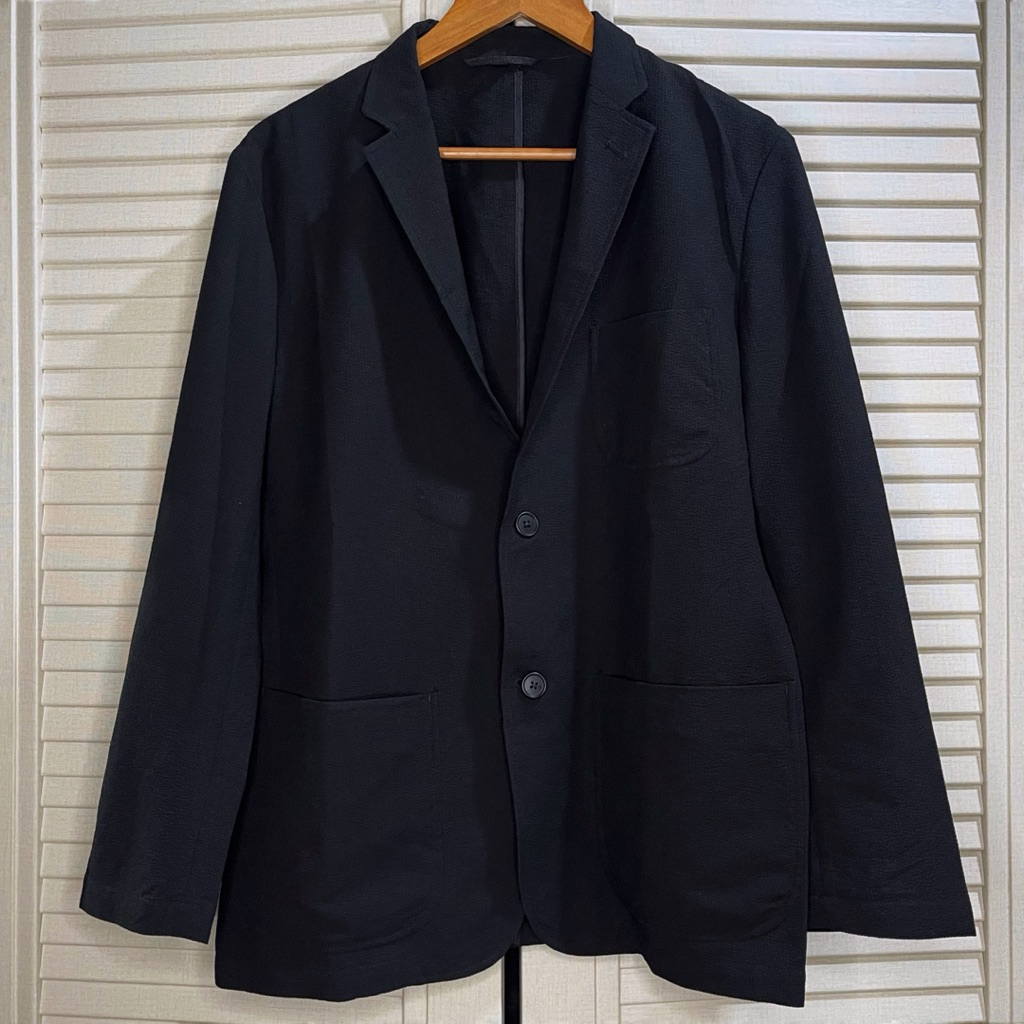 Muji - Breathable Seersucker Blazer Jacket - Dark Navy - Size L