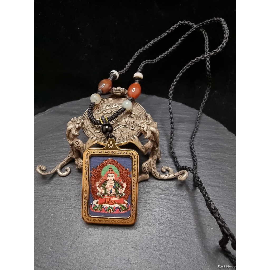 Liontin Lukisan ThangKa Handcraft Avalokitesvara 4 Arms Dewi KwanIm Blessed Tibet 40x30mm E3429