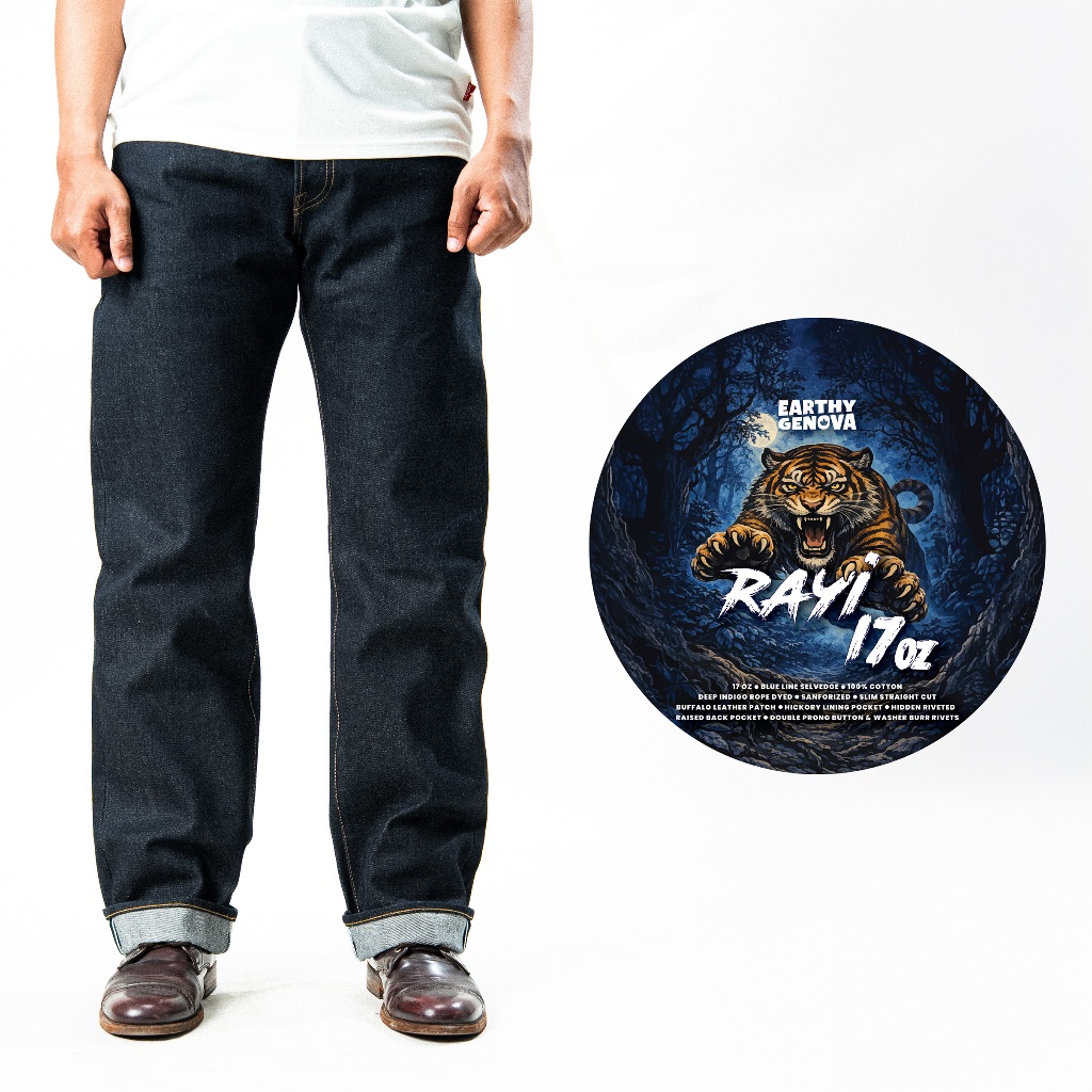 EARTHY GENOVA - Denim Selvedge RAYI 17 Oz Sanforized Celana Raw Jeans Pria Deep Indigo Blue Line Sel