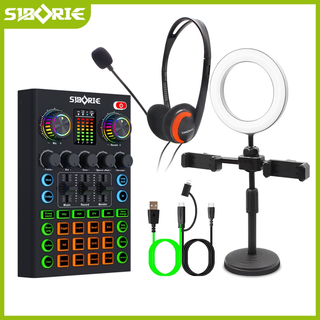 Siborie Soundcard A9+H1-A/W1 Headphone+OTGPRO-2IN1 Cable+Ring light Paket Lengkap Set Mixer Bluetoot