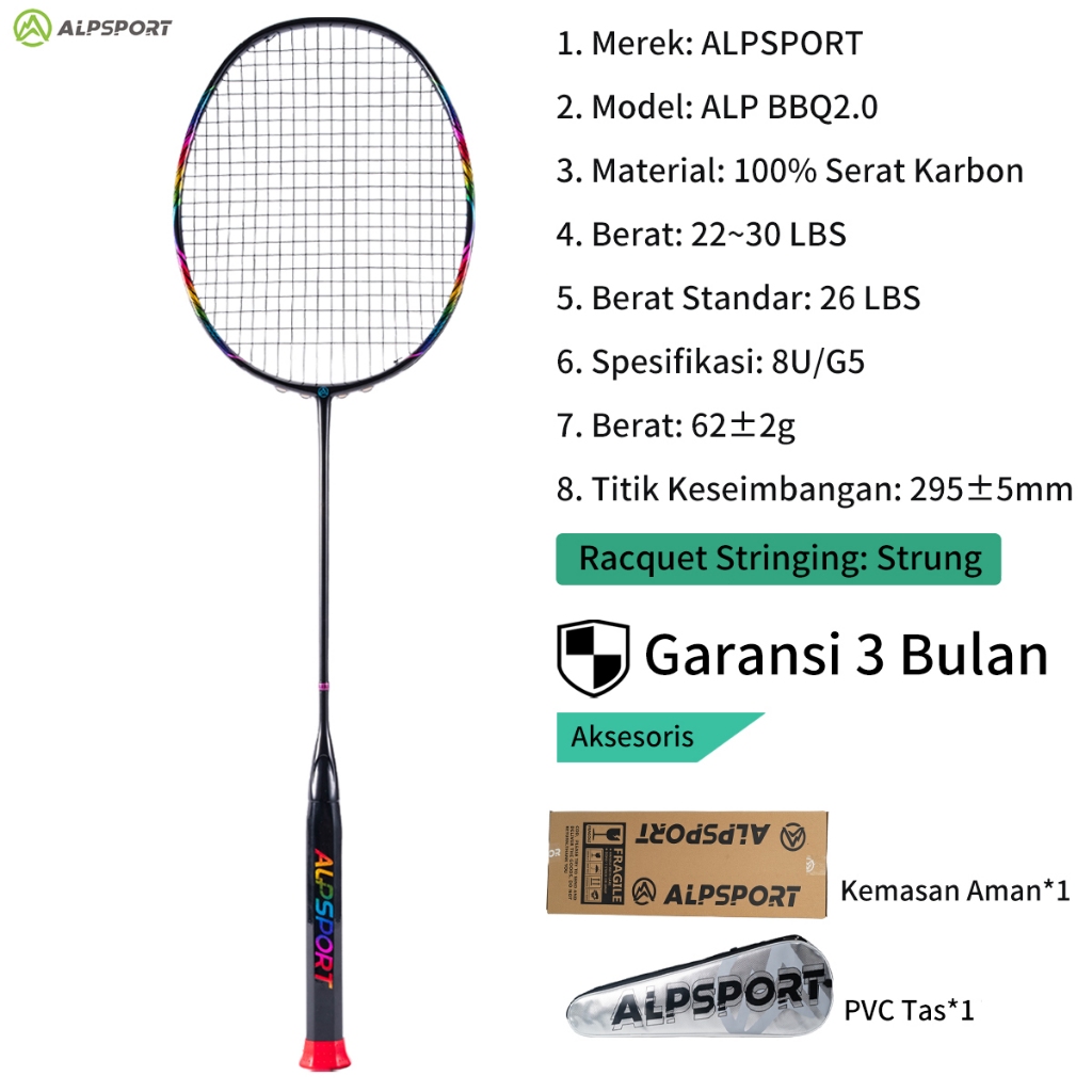 ALPSPORT BBQ2.0 Cincin Penyerap Guncangan Nilon + Bingkai Pelangi 8U G5 30Lbs Raket Bulutangkis Ofen