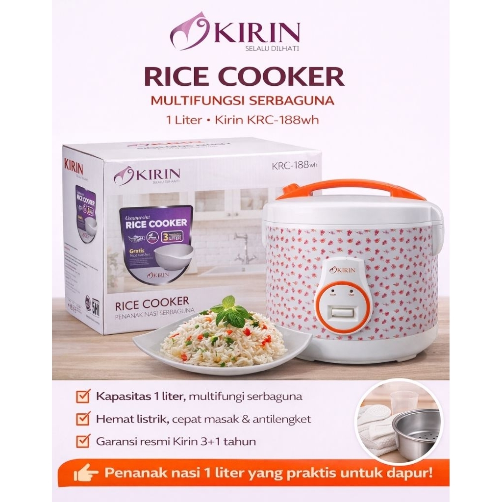Rice Cooker Kirin KRC-188wh 1 Liter | Magic Com Mini Hemat Listrik | Penanak Nasi Serbaguna