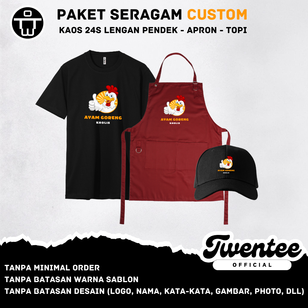 Paket Seragam UMKM Cafe Resto Custom Sablon DTF Satuan: Kaos Combed 24s Premium + Apron + Topi Baseb
