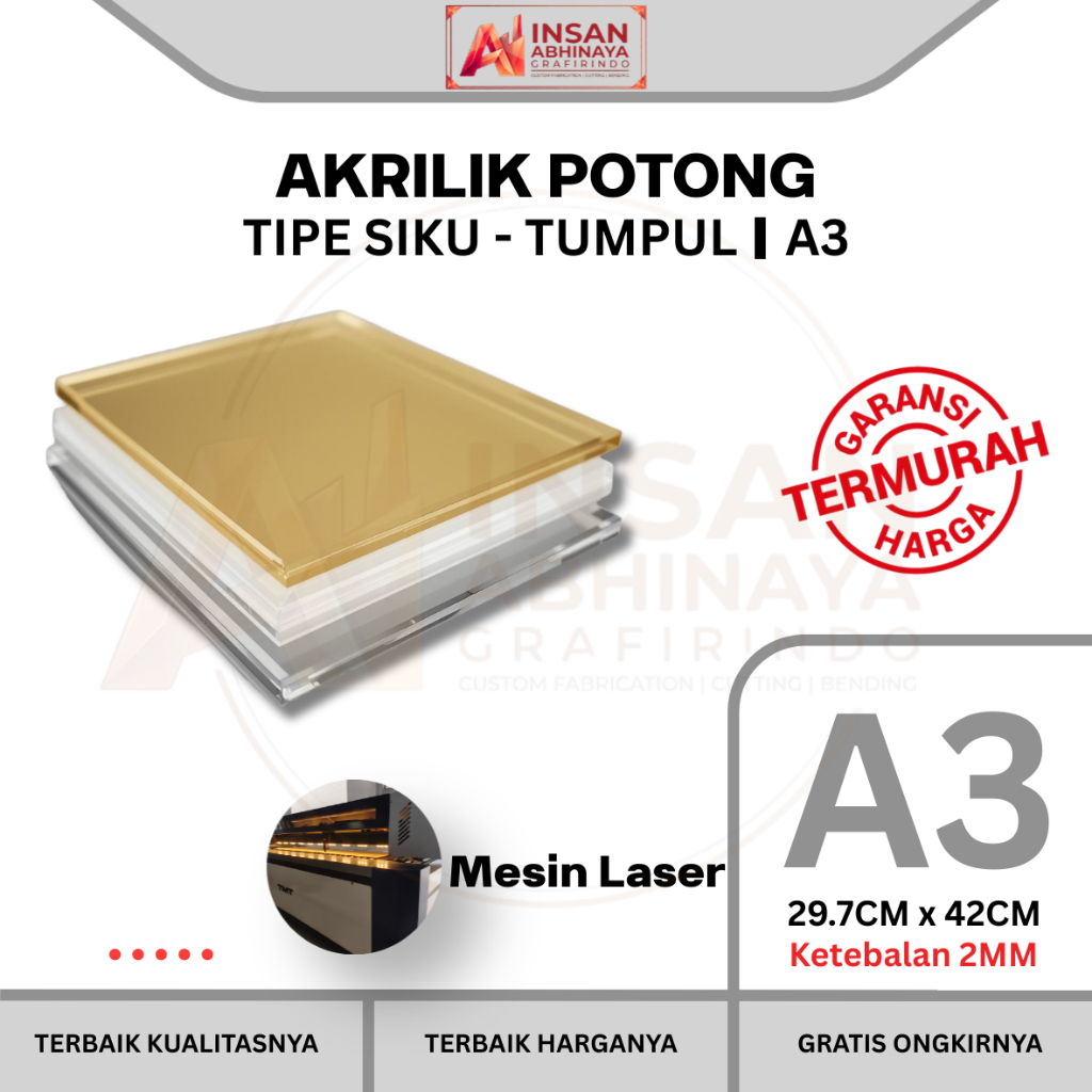 Lembaran Akrilik A3 2mm / Cutting Laser Acrylic Sheet Clear / Akrilik Bening Emas Putih