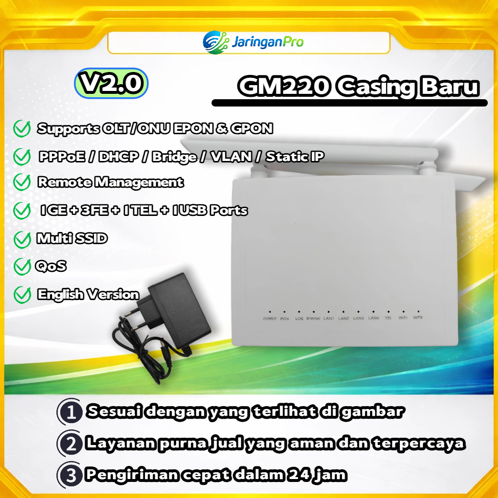 GM220 v2.0 Casing Baru ONU/ONT XPON Modem Router WiFi 2.4GHz 1GE + 3FE Unlock Support PPPoE Bridge V